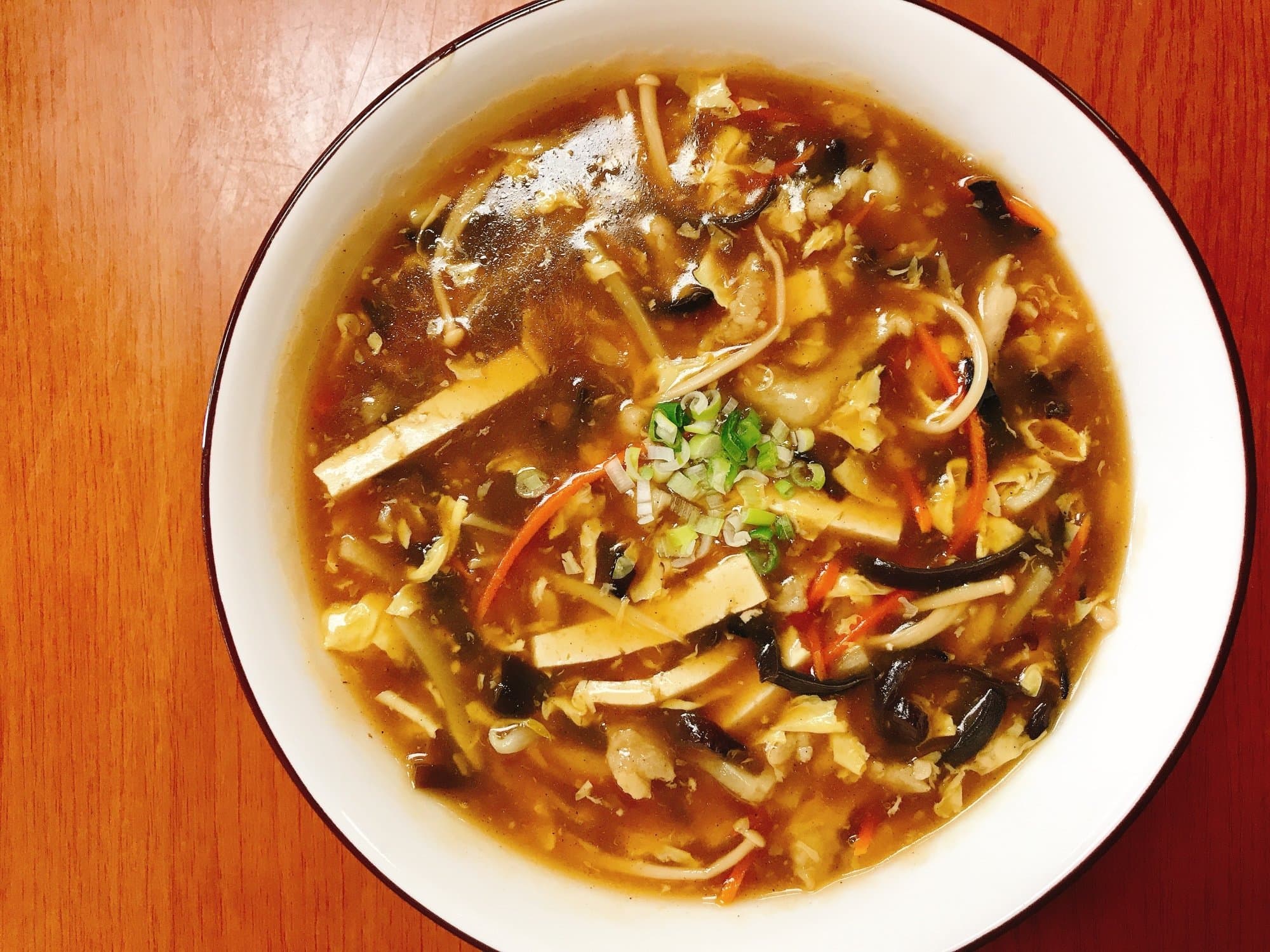 Vegetarian Hot & Sour Soup - A flavorful and tangy soup made with tofu, carrots, tree ear mushroom and spices | Soup