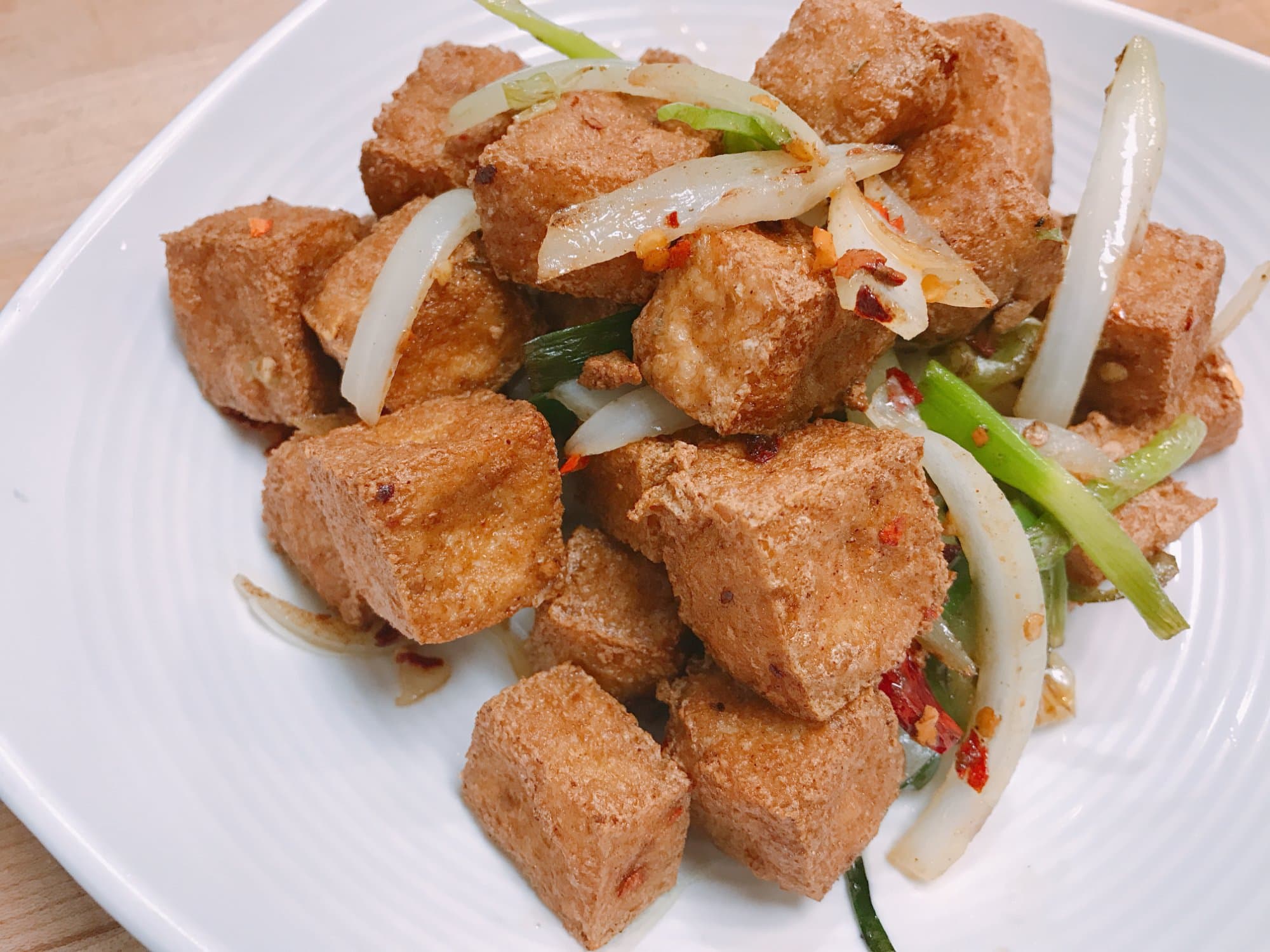 Salt & Pepper Tofu - Lightly seasoned tofu cubes that are deep-fried until crispy, then tossed with a | Vegetable & Tofu