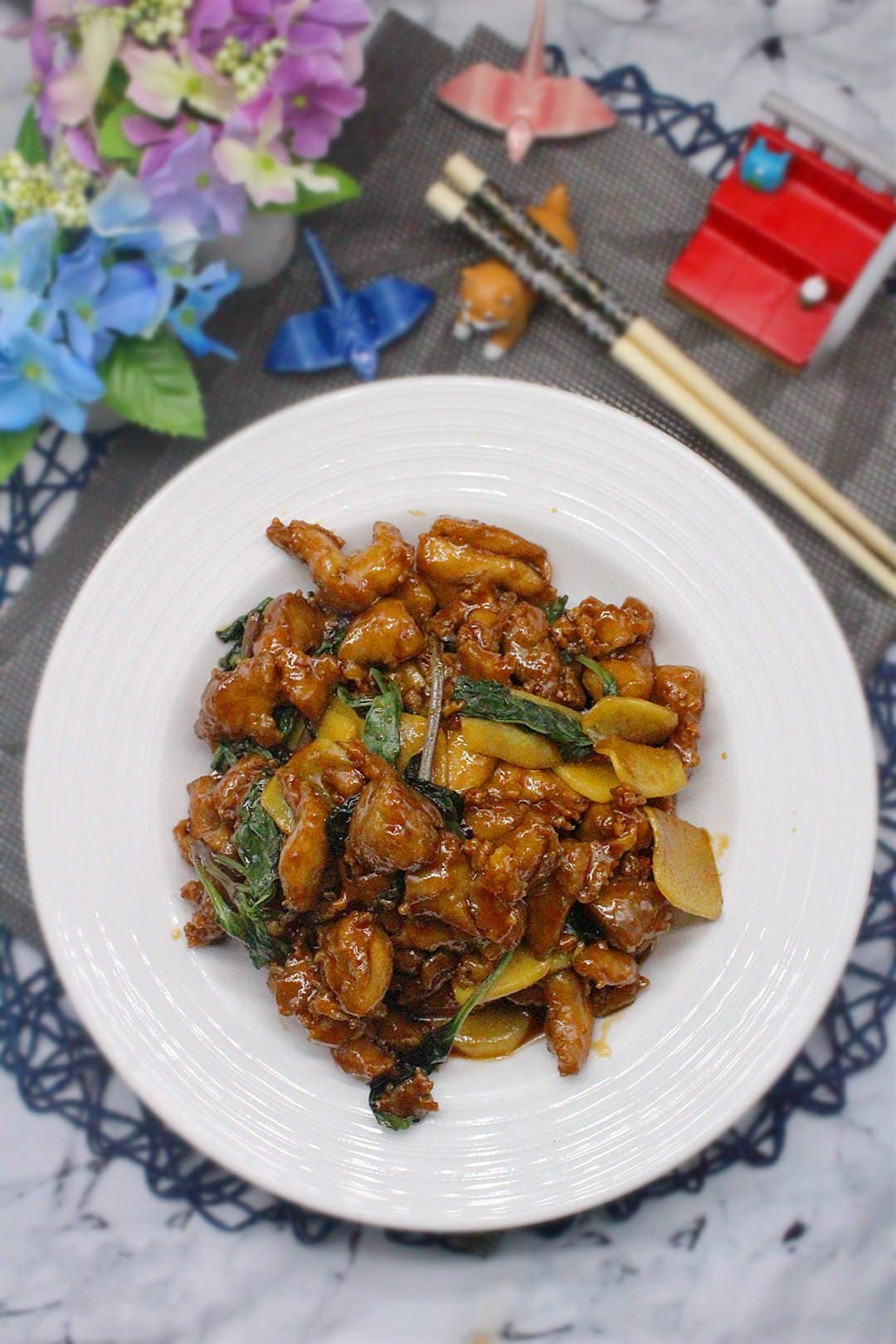 Three Delight Basil Chicken - Chicken cooked in a flavorful sauce made with soy sauce, rice wine, and sesame o | Meat